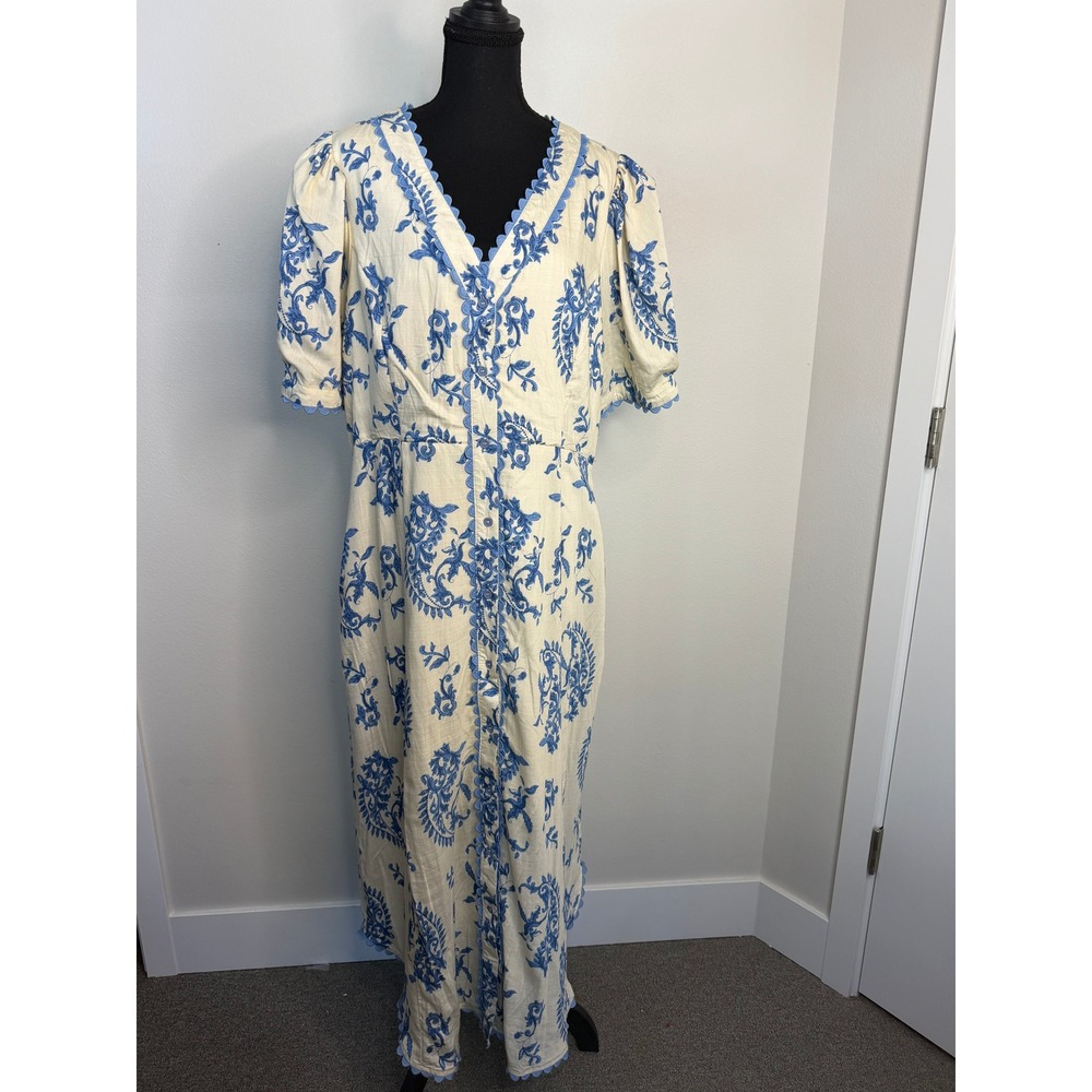 Entro Blue Floral Damask Maxi Dress Scallop Trim V-Neck Puff Sleeve Women's 1X